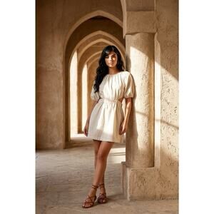 J Crew Linen Blend Cut Out Waist Puff Sleeve Mini Dress In Beige 12